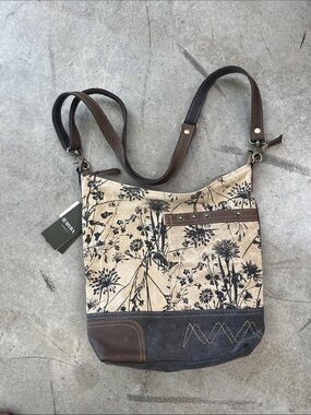Myra Bag Solidaster Canvas Shoulder Bag with Black Floral Print and Brown Trim